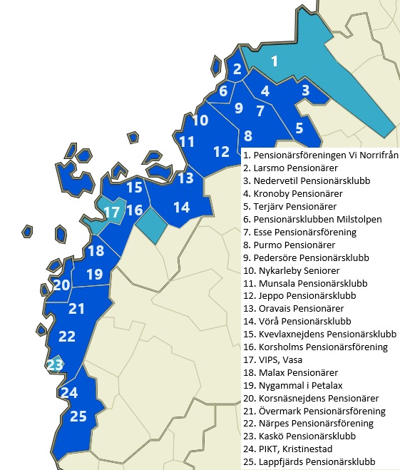 En karta över en kustregion indelad i numrerade blå och blågrön sektioner, var och en märkt med namnet på en lokal pensionärsklubb. En lista till höger matchar varje nummer med motsvarande klubbnamn.