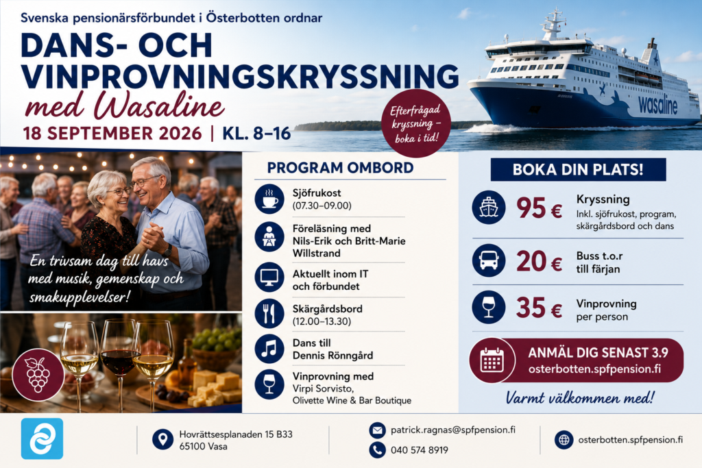 Reklamaffisch för en dans- och vinprovningskryssning på Wasaline den 18 september 2026 kl. 8-16. Innehåller information om evenemanget, programschema, priser och bokningsinformation med kontaktuppgifter.