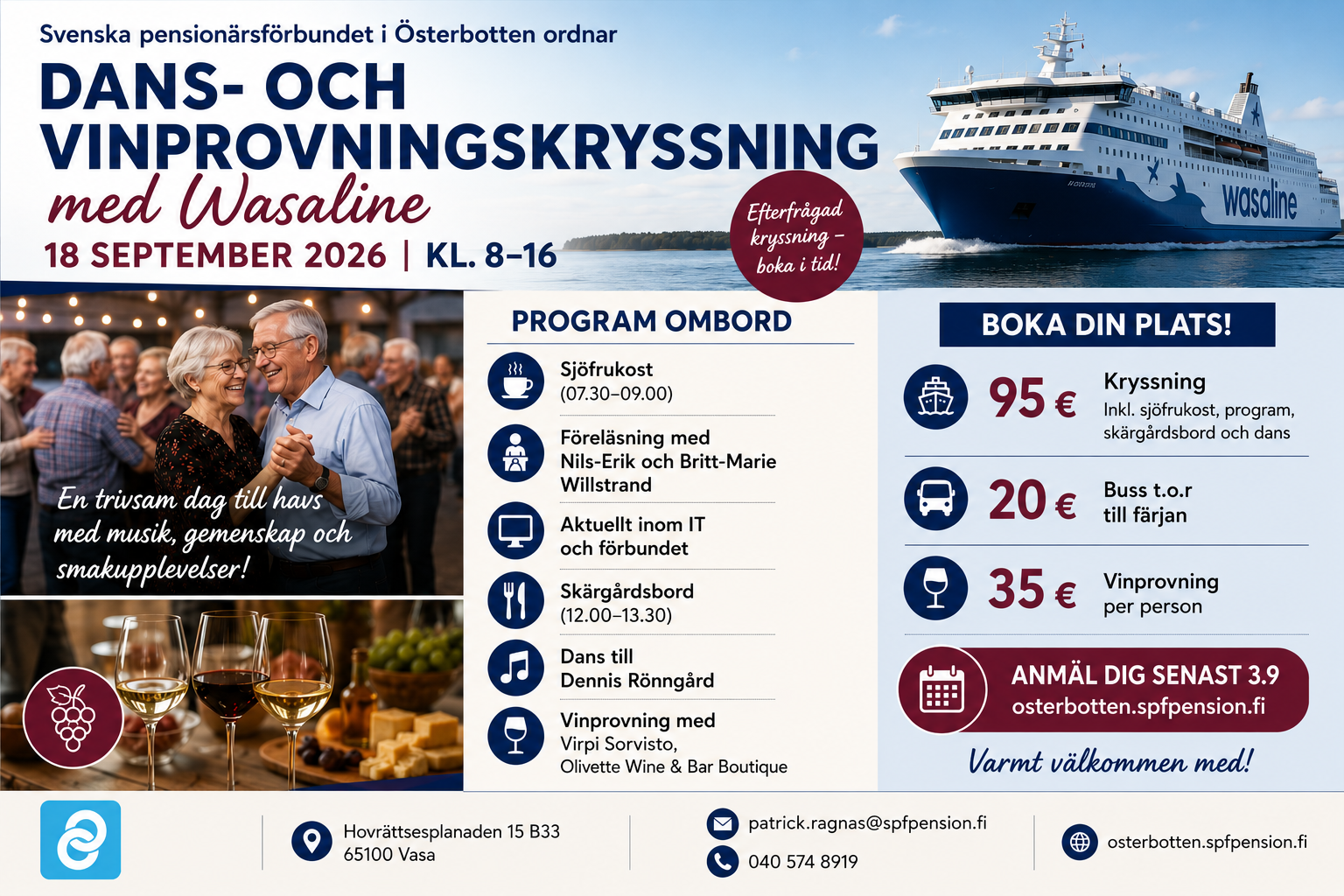 Reklamaffisch för en dans- och vinprovningskryssning på Wasaline den 18 september 2026 kl. 8-16. Innehåller information om evenemanget, programschema, priser och bokningsinformation med kontaktuppgifter.