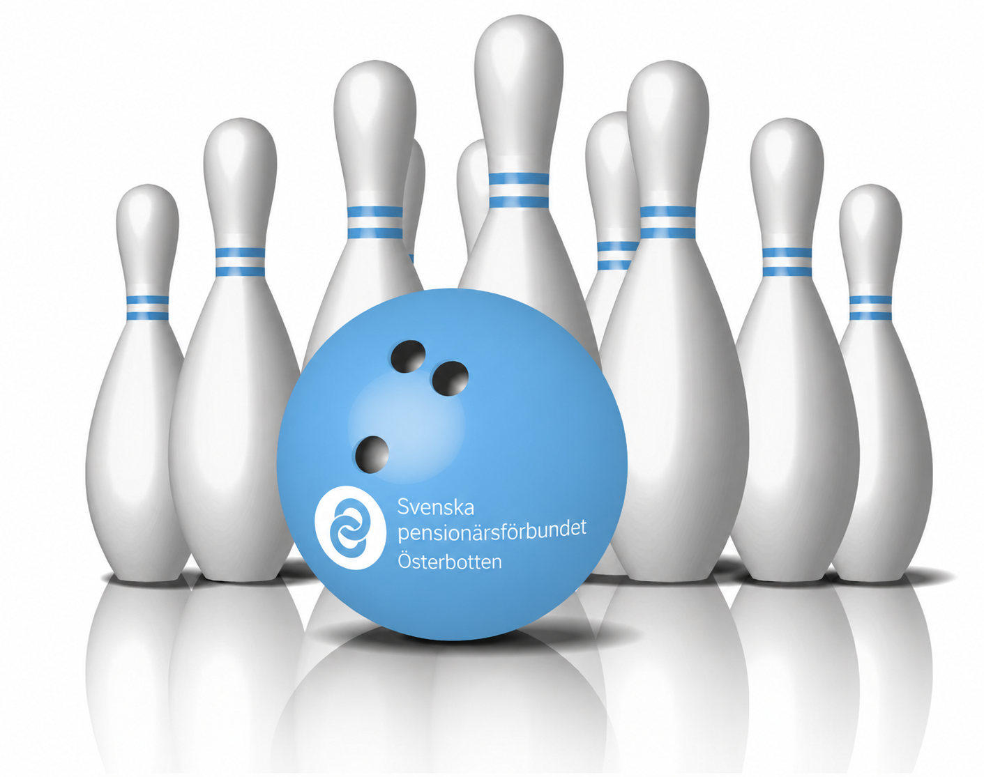 Ett blått bowlingklot med texten Svenska pensionärsförbundet Österbotten står framför tio vita bowlingkäglor med blå ränder, uppställda i en vanlig triangelformation.