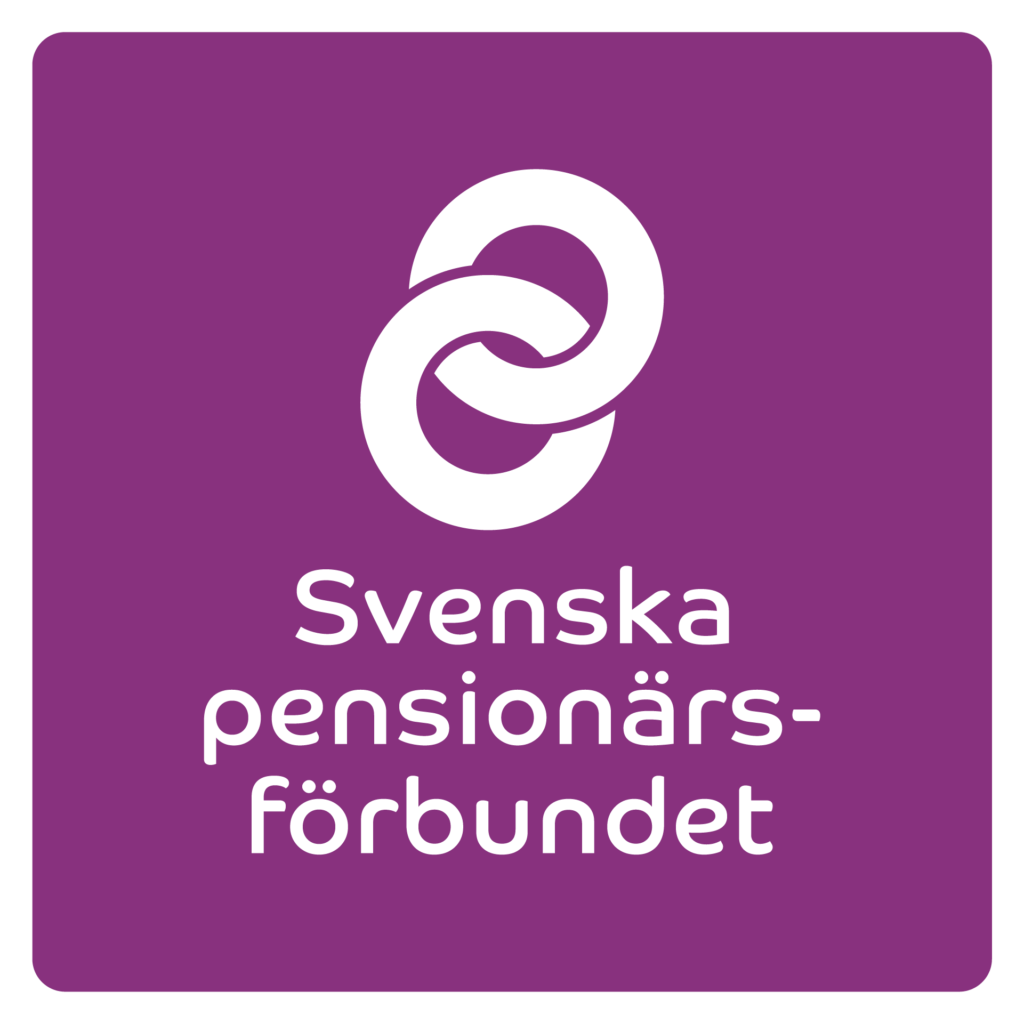 En lila fyrkantig logotyp med två sammankopplade vita ringar ovanför vit text som lyder Svenska pensionärsförbundet.