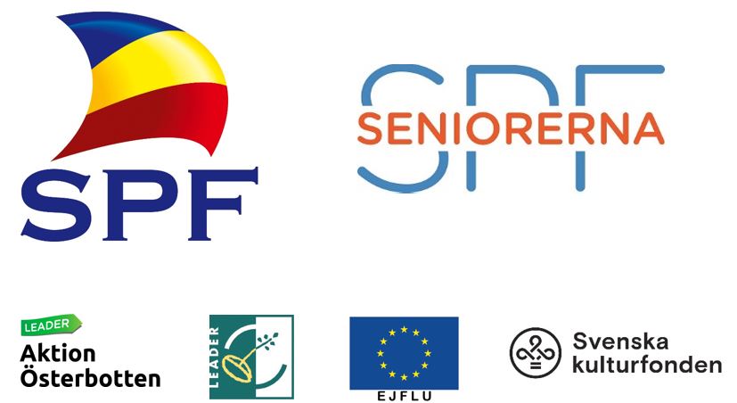Logotyper för SPF Seniorerna, Aktion Österbotten, LEADER, EU och Svenska kulturfonden, där SPF:s huvudlogotyp består av en blå och gul-röd flagga ovanför de fetstilade blå bokstäverna SPF.