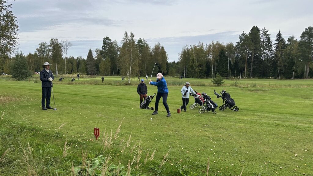 En grupp människor står på en golfbana. En person i blått svingar en golfklubba medan de andra tittar på. I närheten står flera golfväskor på vagnar. I bakgrunden syns träd och gräs.