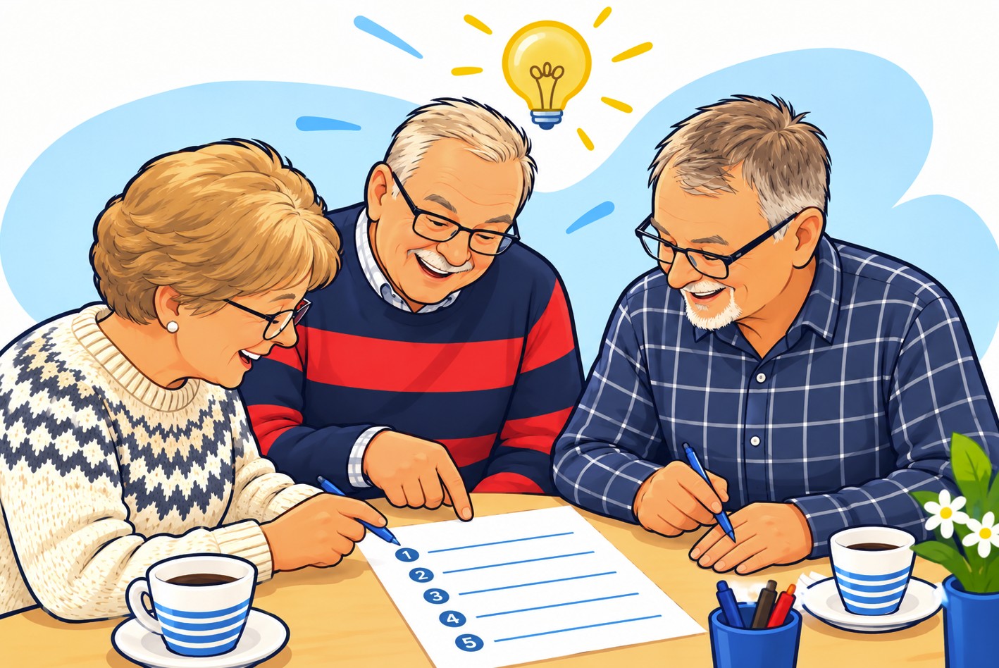 Tre äldre personer sitter vid ett bord med kaffe, ler och diskuterar en checklista. En person pekar på listan, medan de andra håller i pennor. Ovanför syns en glödlampsikon som symboliserar idéer eller brainstorming.