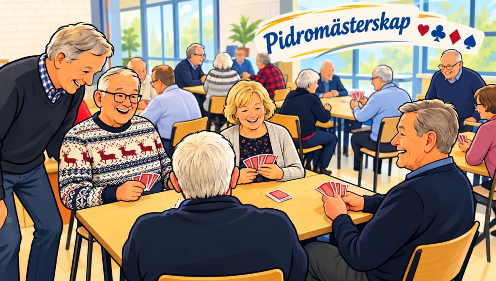 En grupp äldre spelar kort på en turnering. Ovanför hänger en banderoll med texten Pidromästerskap och kortfärgsymboler. I rummet finns flera bord där människor umgås och spelar kort i en ljus och trevlig miljö.