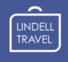 Logotyp för Lindell Travel, där företagsnamnet är placerat inuti en stiliserad kontur av en resväska.