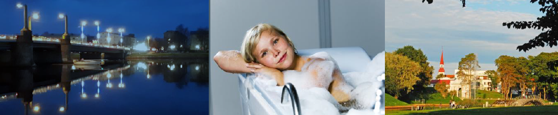 Ett collage som visar en bro över vattnet i natt, en flicka i ett bubbelbad och en park med en byggnad med röd spira.